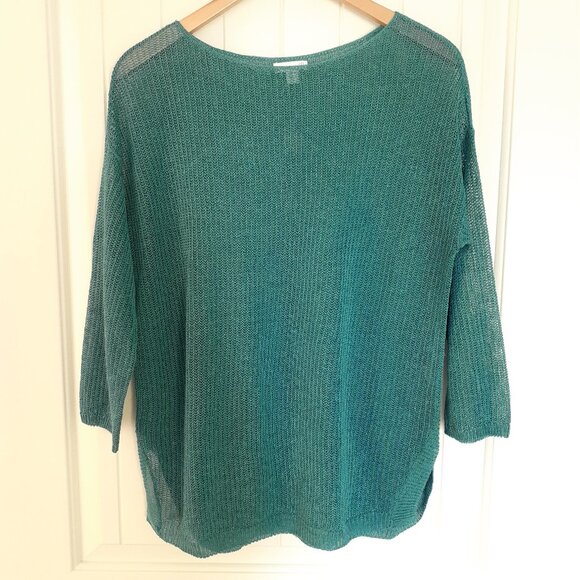 J. Jill Linen Blend Open Knit 3/4 Sleeve Sweater Teal Size M - Picture 1 of 10